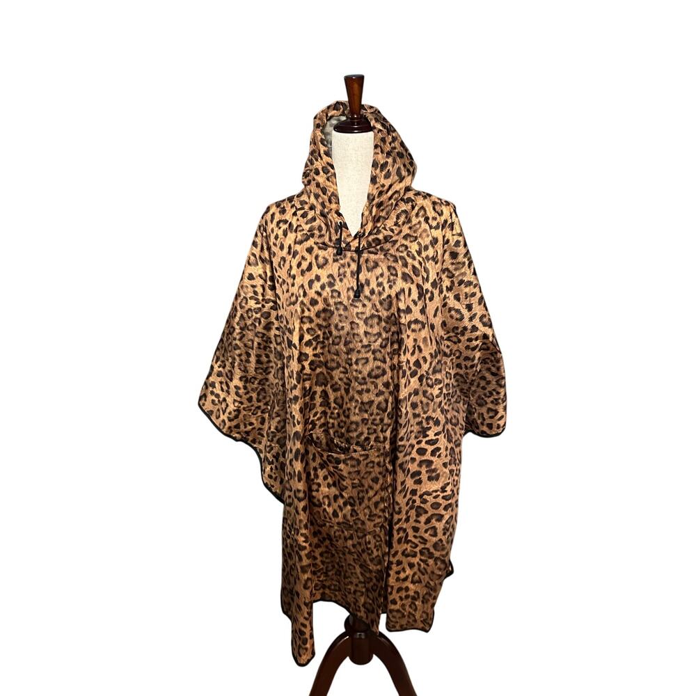 Chico's One Size Hooded Pullover Cheetah Print Poncho Rain Jacket